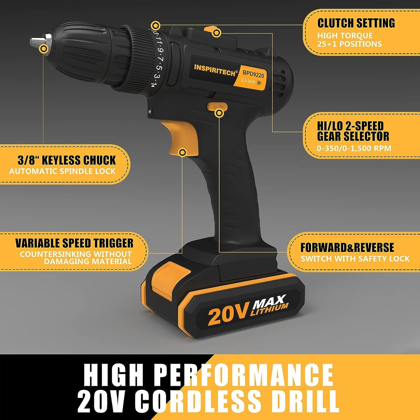 20V Cordless Drill, 2 Batteries, Charger, 3/8In Chuck, Variable Speed, 25+1 Torque Setting