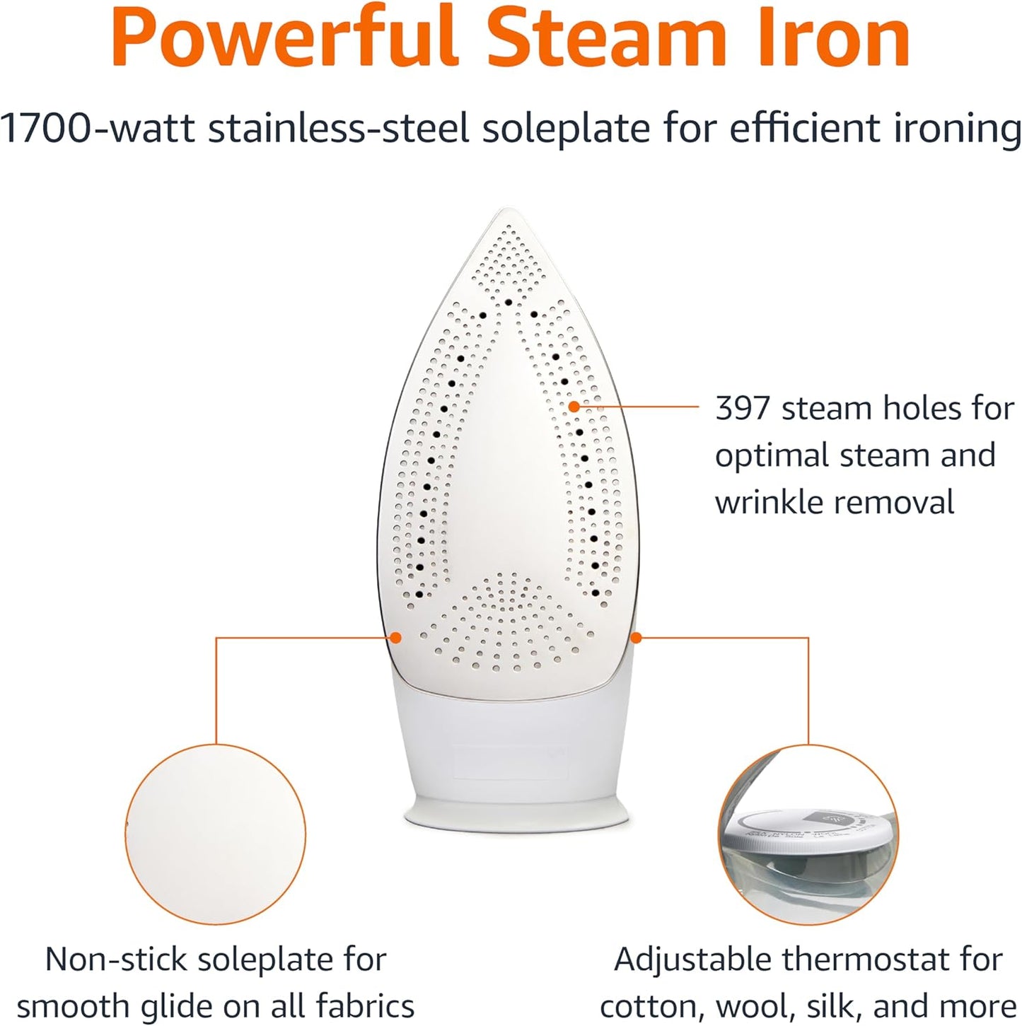 1700W Steam Iron, Auto Shut-Off, Handheld Garment Steamer, Stainless Steel Soleplate, Anti-Drip