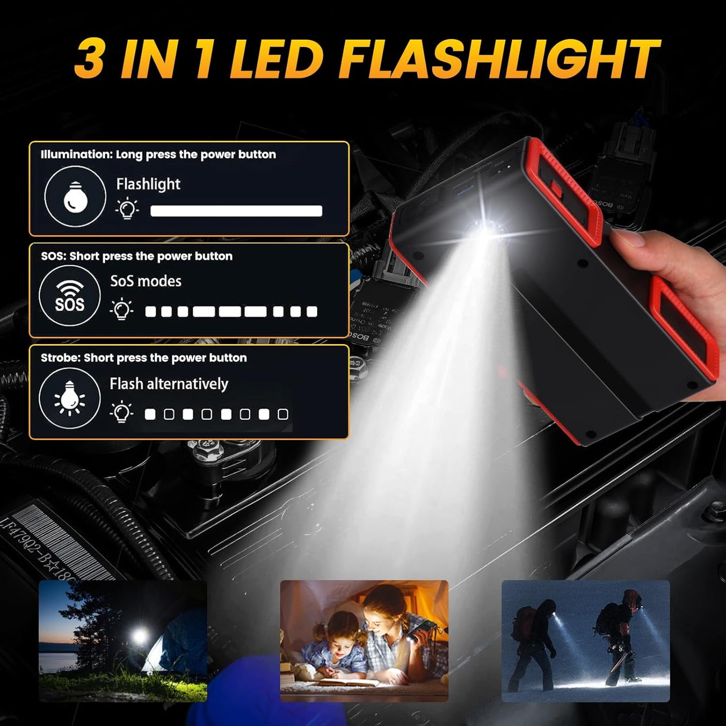 4000A Car Jump Starter, Portable Battery Pack(10.0L Gas/8.0L Diesel), 12V, 3 Modes Flashlight