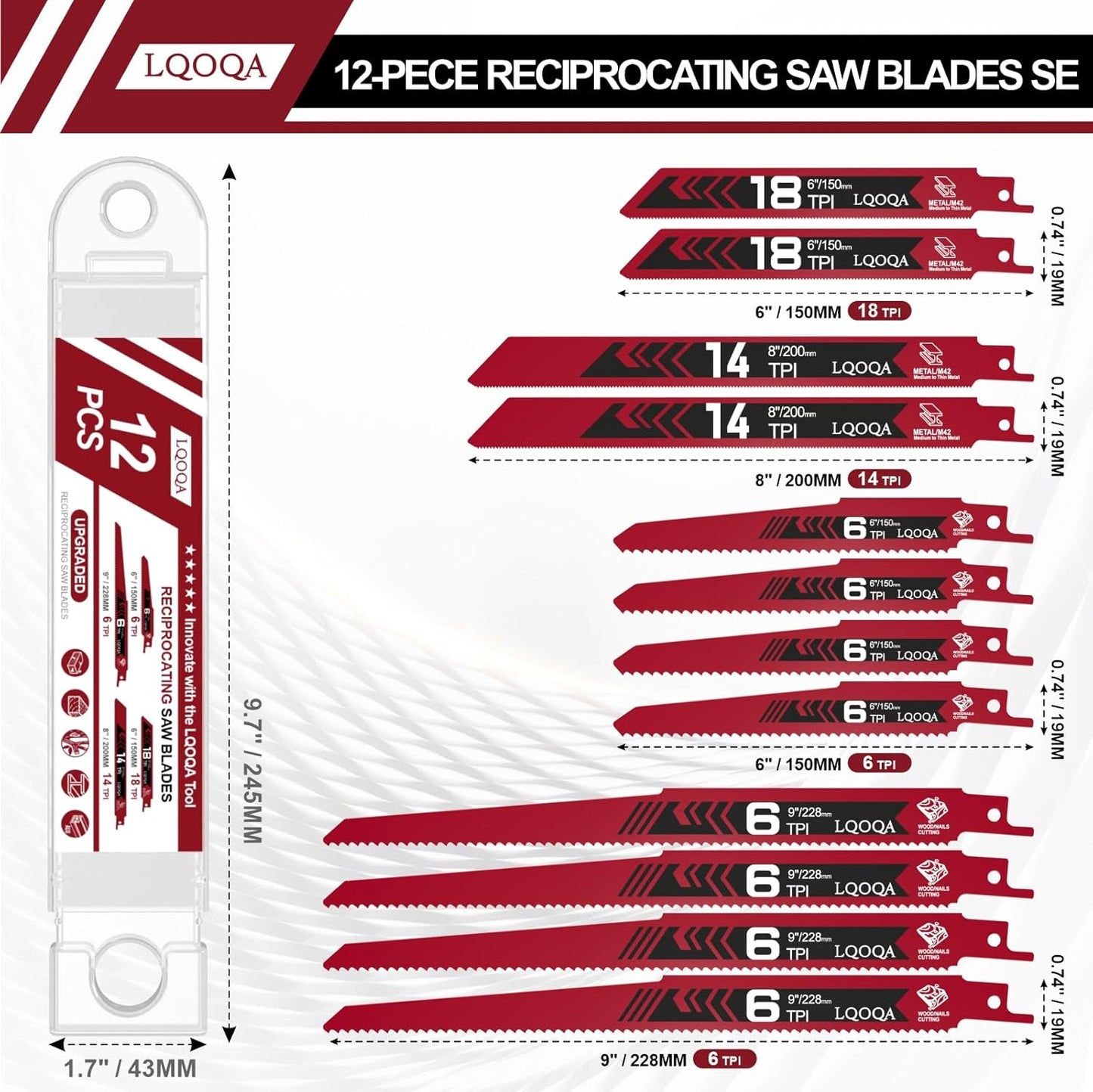 12Pcs Bi-Metal Reciprocating Saw Blades，6, 8 &amp; 9In Wood &amp; Metal Cutting Saw Blades，Pruning Blades