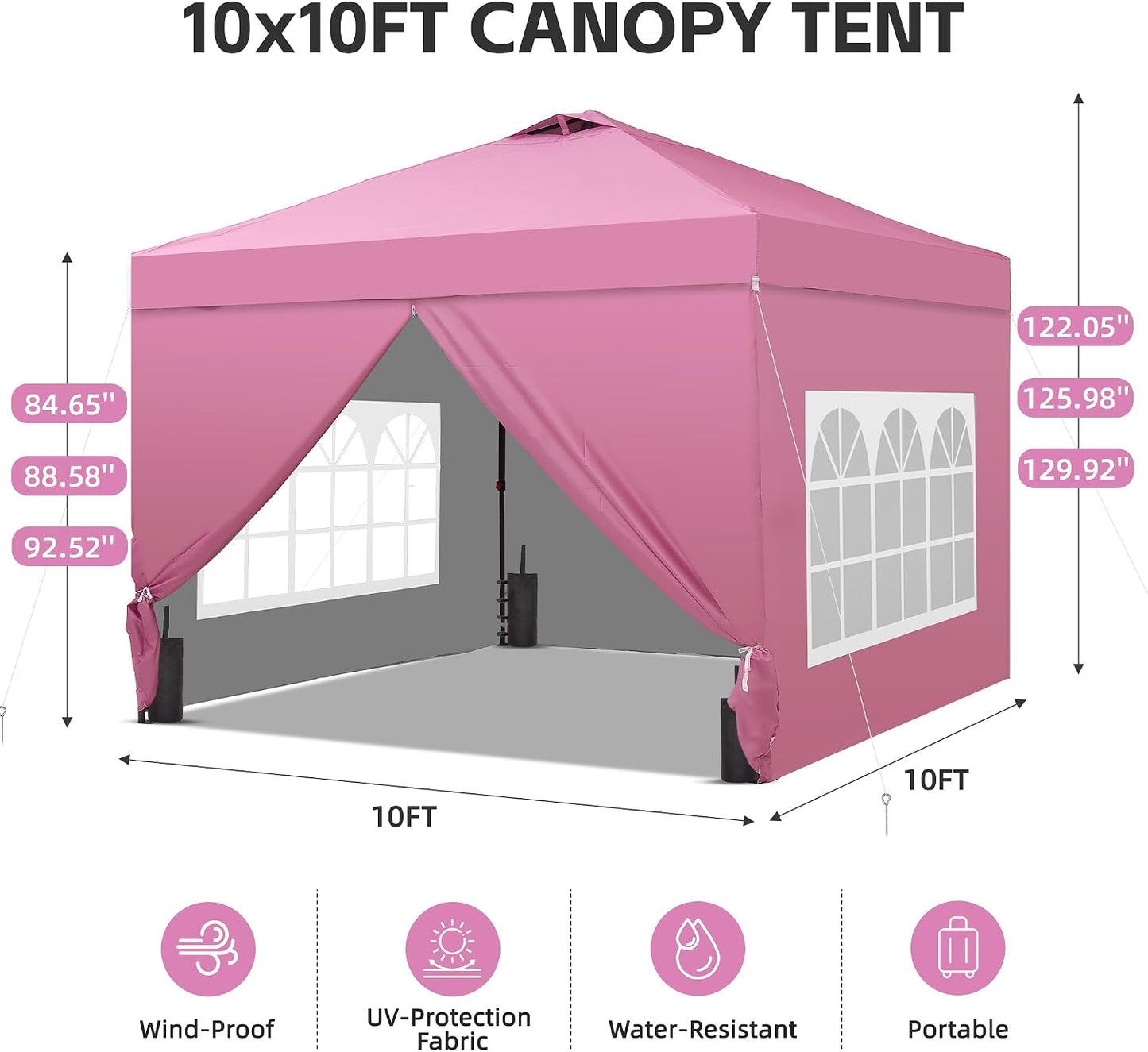 10x10FT Pop-Up Canopy Tent, 4-Side Walls &amp; Vented Top, Portable Outdoor, Pink.