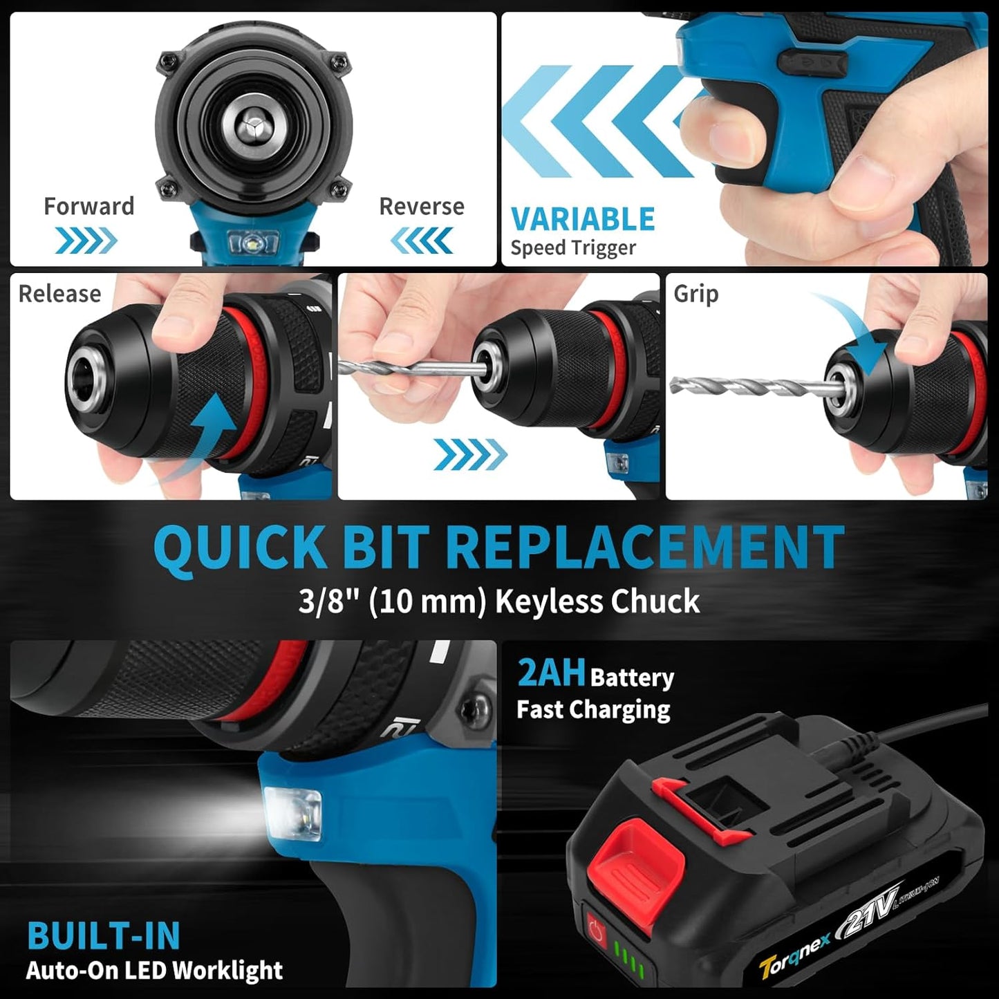 21V Cordless Brushless Drill Tool Set, 2-Pack 2Ah Batteries for Home Renovation, Gardening Tools