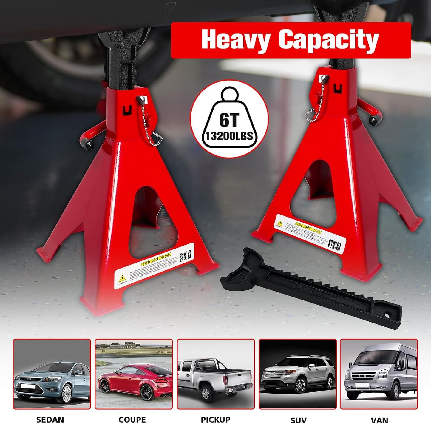 Jack Stands 6Ton(13,200LBs), 15.6"-23.4" Adjustable, Double Pin Locking,Heavy Duty, Rubber Pads