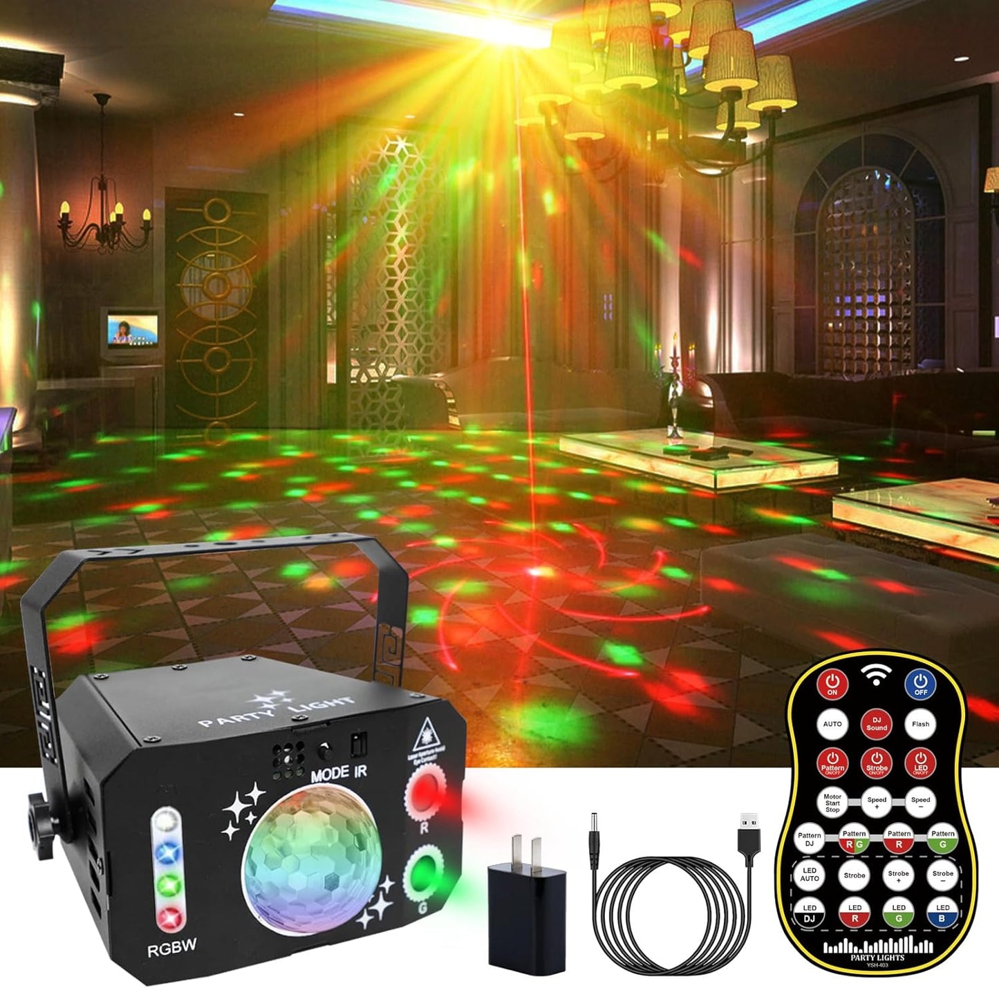 3 in 1 USB Sound Activated Party Light Disco Ball Lights,RGBW 4 Lens Dj Strobe Stage Lighting
