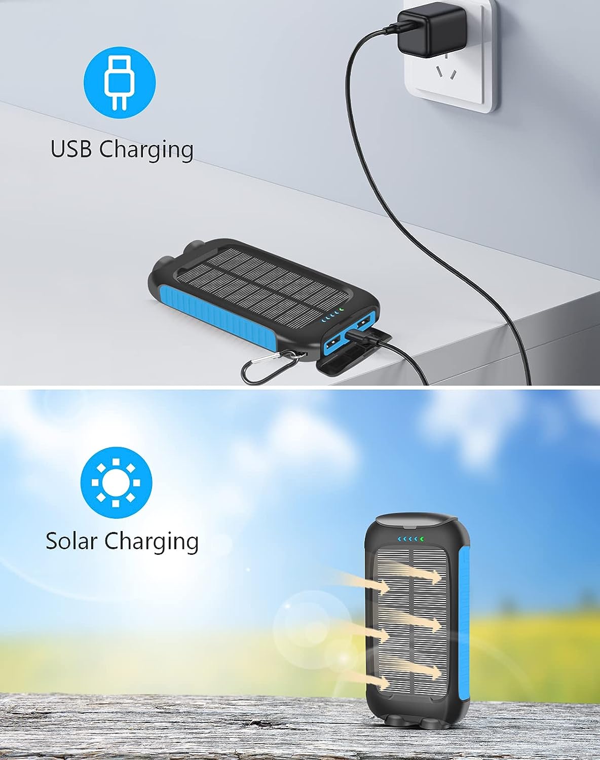 Solar-Charger-Power-Bank 38800mAh, QC3.0 Fast Charger 3.1A Type C, Micro USB, Flashlight