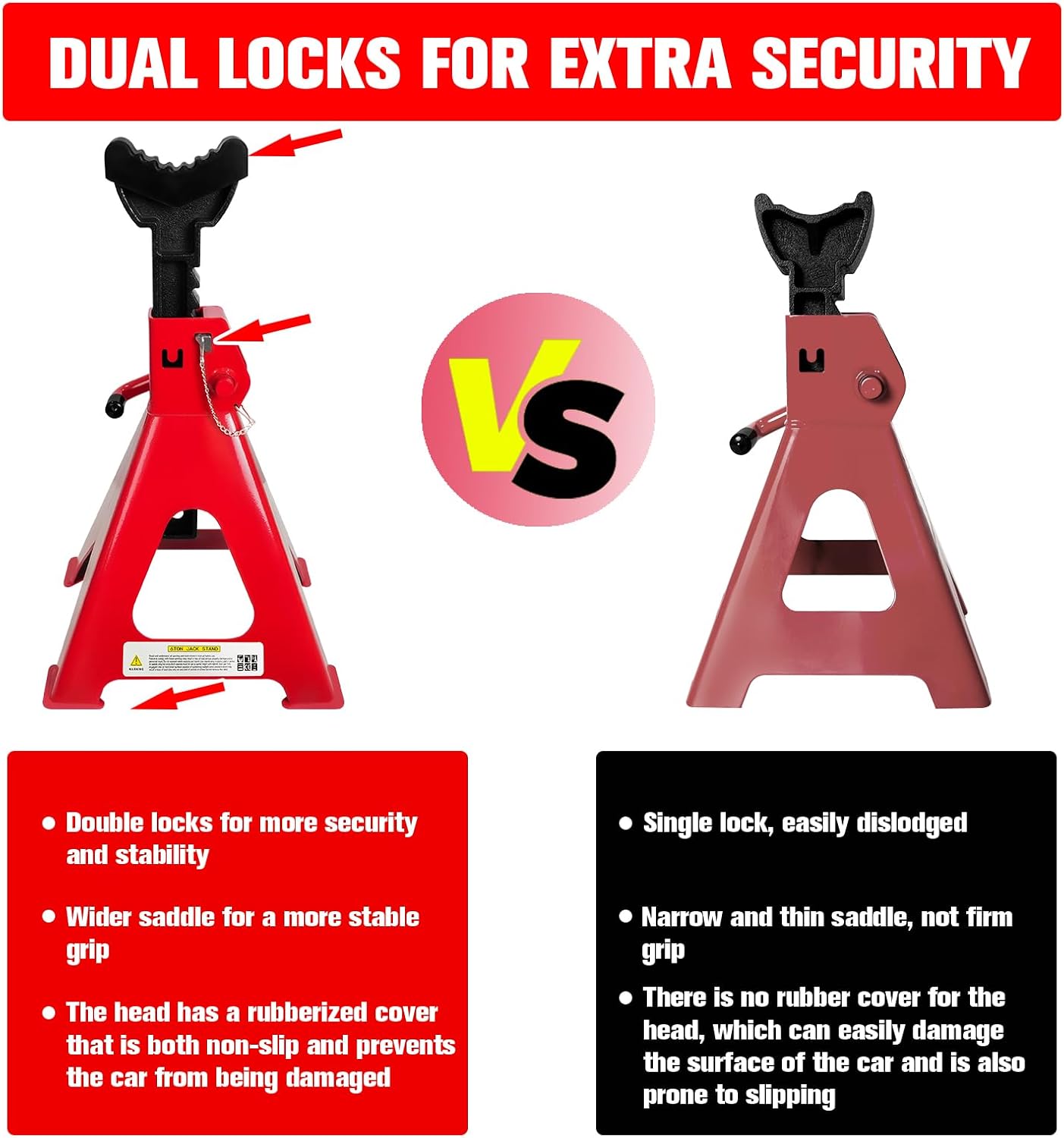 Jack Stands 6Ton(13,200LBs), 15.6"-23.4" Adjustable, Double Pin Locking,Heavy Duty, Rubber Pads
