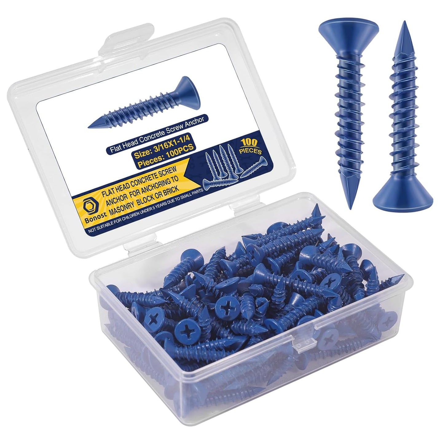 100Pcs 3/16 x 1-1/4" Concrete Screw Anchor - Flat Phillips Head Brick Screws