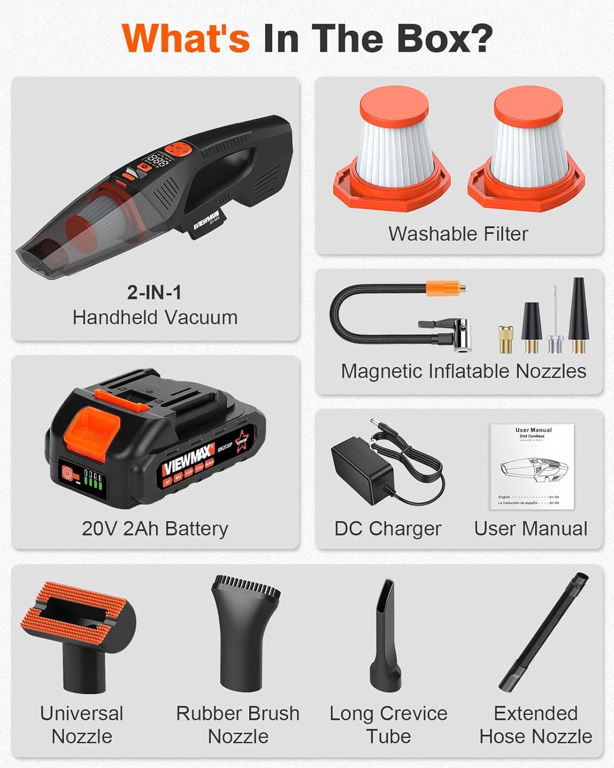 2-in-1 - 20V Cordless Handheld Vacuum Cleaner &amp; 150PSI Air Pump, 18000Pa Suction