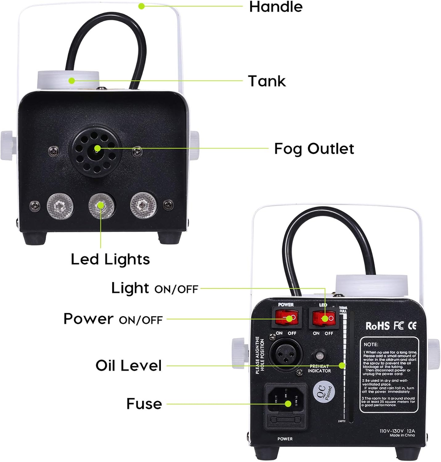 Fog Machine Controllable LED 500W &amp; 2000CFM Wireless and Wired Remote Control Fuse Protection