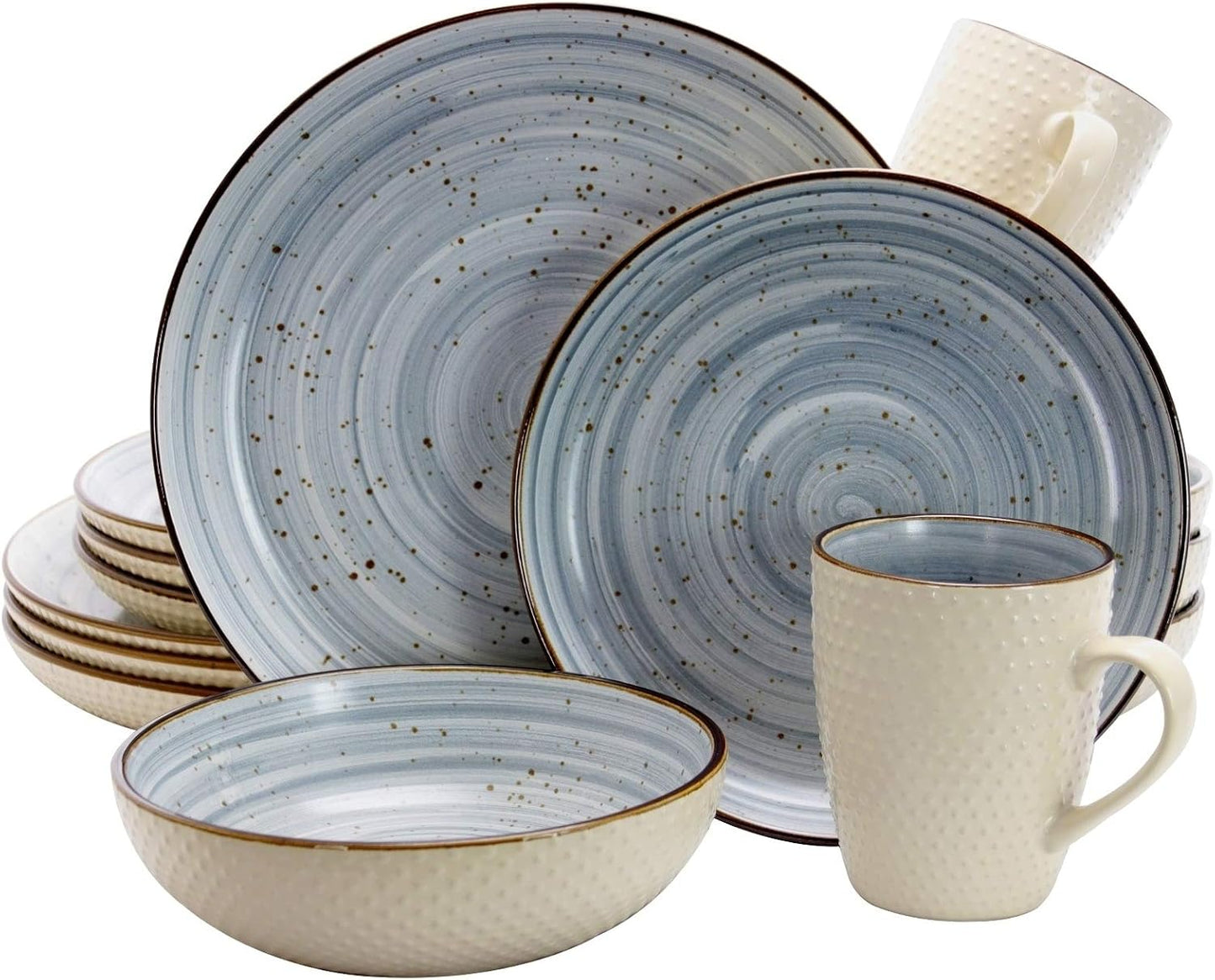 Round Stoneware Luxurious Mellow Dinnerware Dish Set, 16 Piece, Speckle Powder Blue and White