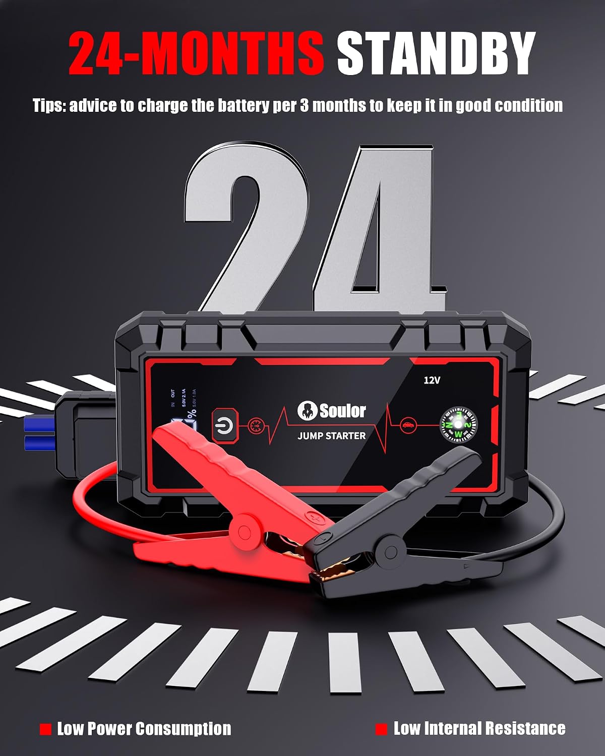 Car Battery Jumper Starter Portable, Battery Booster with 3 Modes Flashlight, Jumper Cables, Gloves