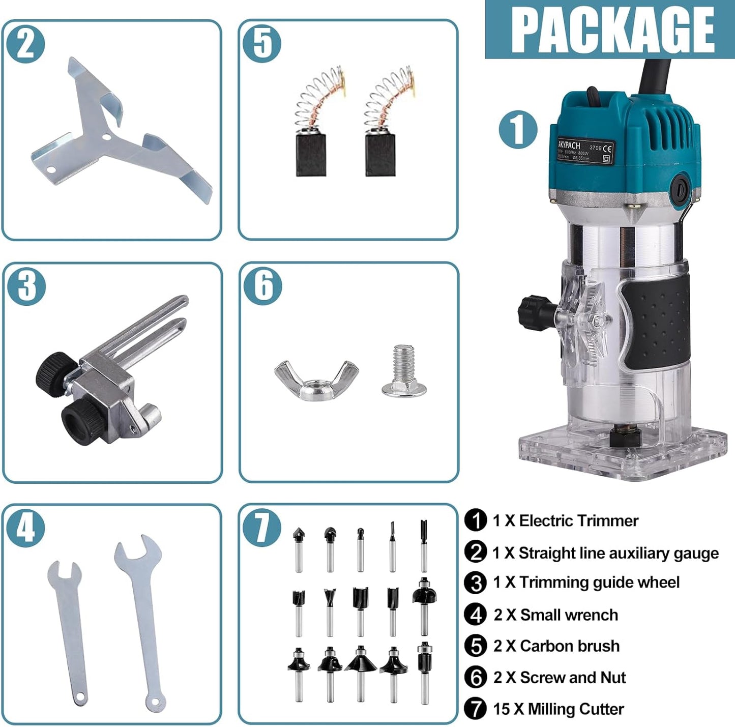Electric Hand Wood Router, Edge Trimmer, 15PCS 1/4" Laminate Milling Engraving 110V 800W 30000R/MIN