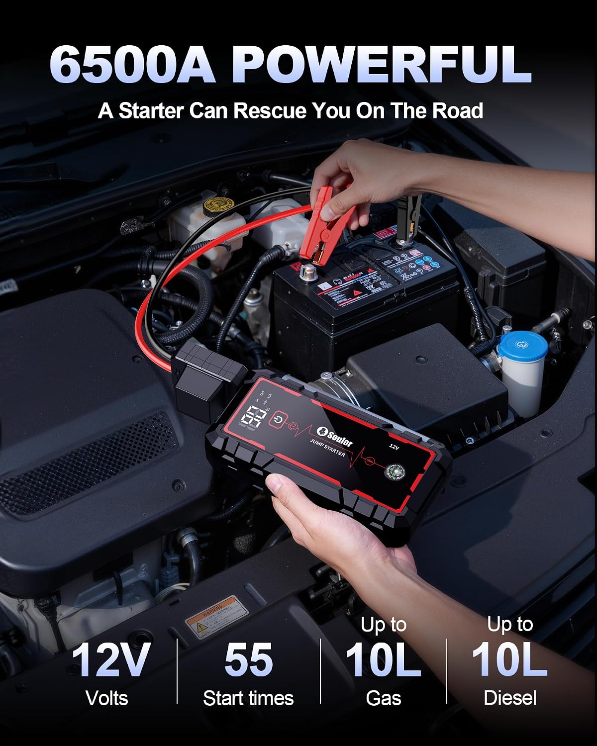 Car Battery Jumper Starter Portable, Battery Booster with 3 Modes Flashlight, Jumper Cables, Gloves