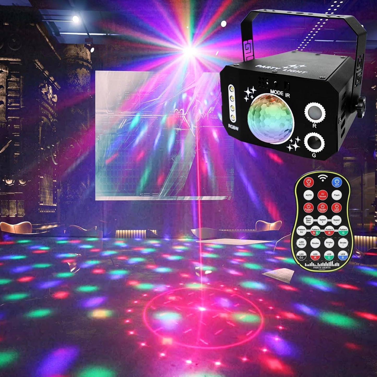 3 in 1 USB Sound Activated Party Light Disco Ball Lights,RGBW 4 Lens Dj Strobe Stage Lighting