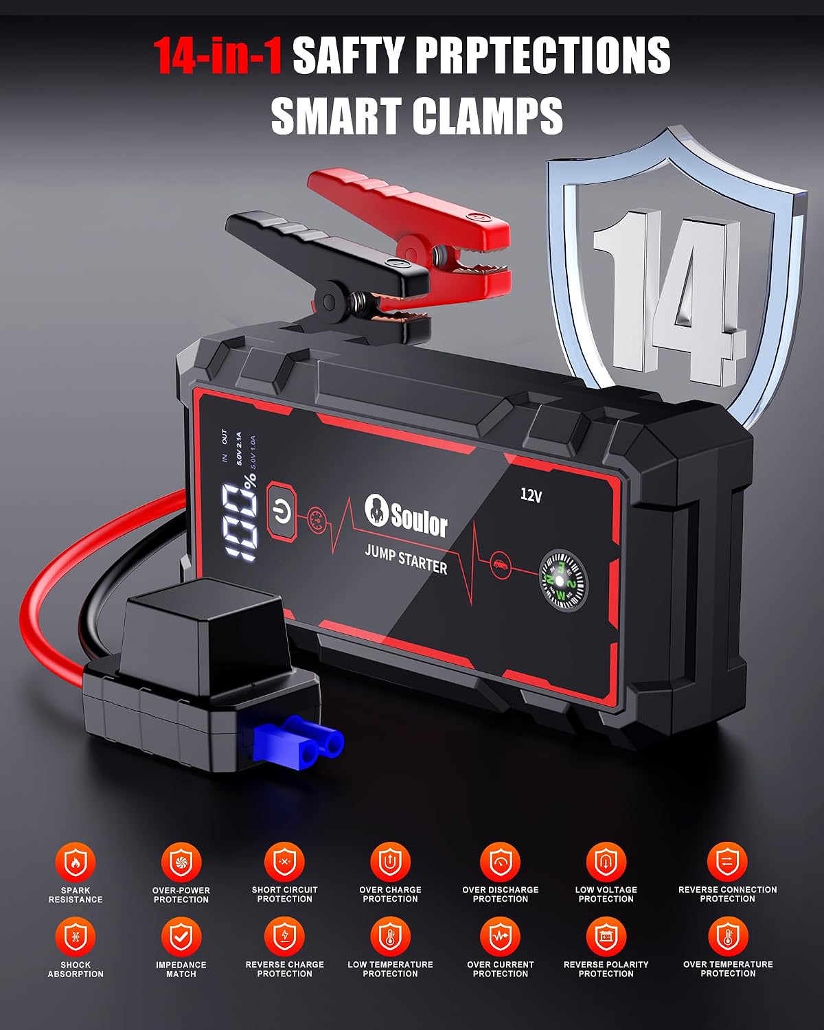 Car Battery Jumper Starter Portable, Battery Booster with 3 Modes Flashlight, Jumper Cables, Gloves