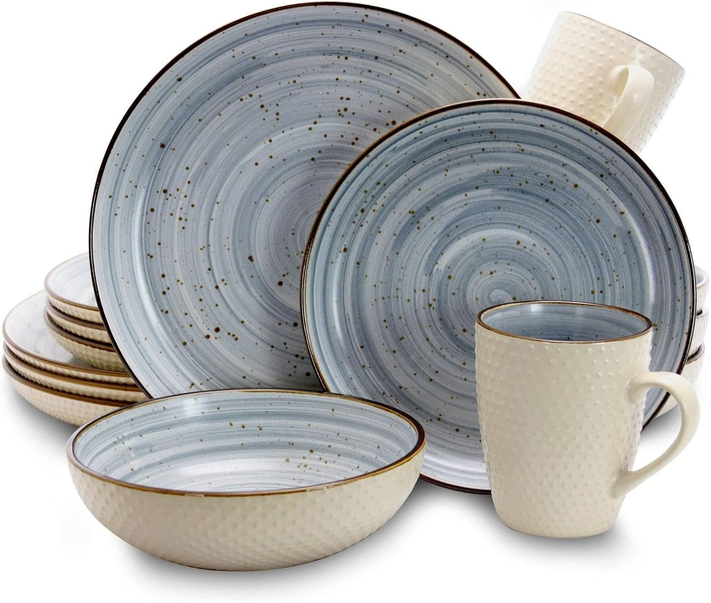 Round Stoneware Luxurious Mellow Dinnerware Dish Set, 16 Piece, Speckle Powder Blue and White