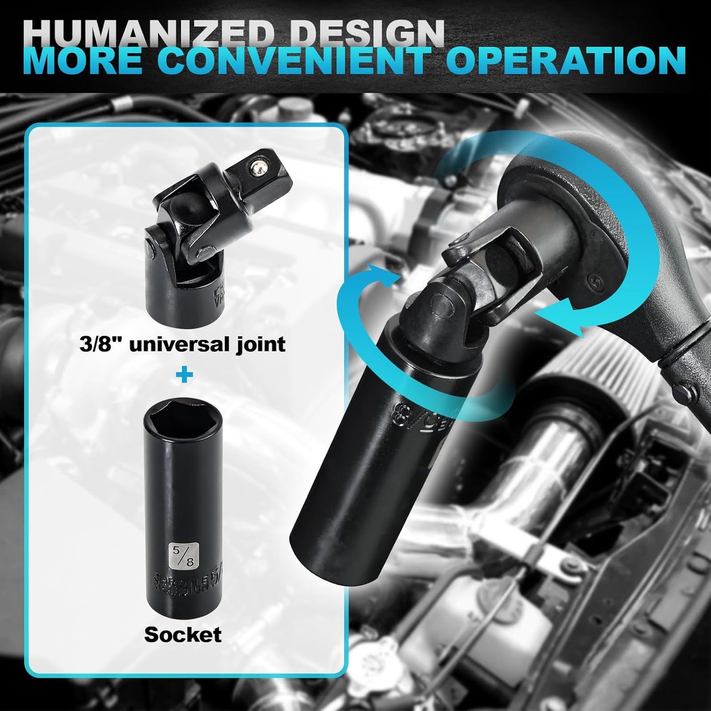 Impact Socket Set, 3/8 inch 50 Pcs, Standard SAE (5/16 to 3/4 inch) and Metric (8-22mm) 6 Point