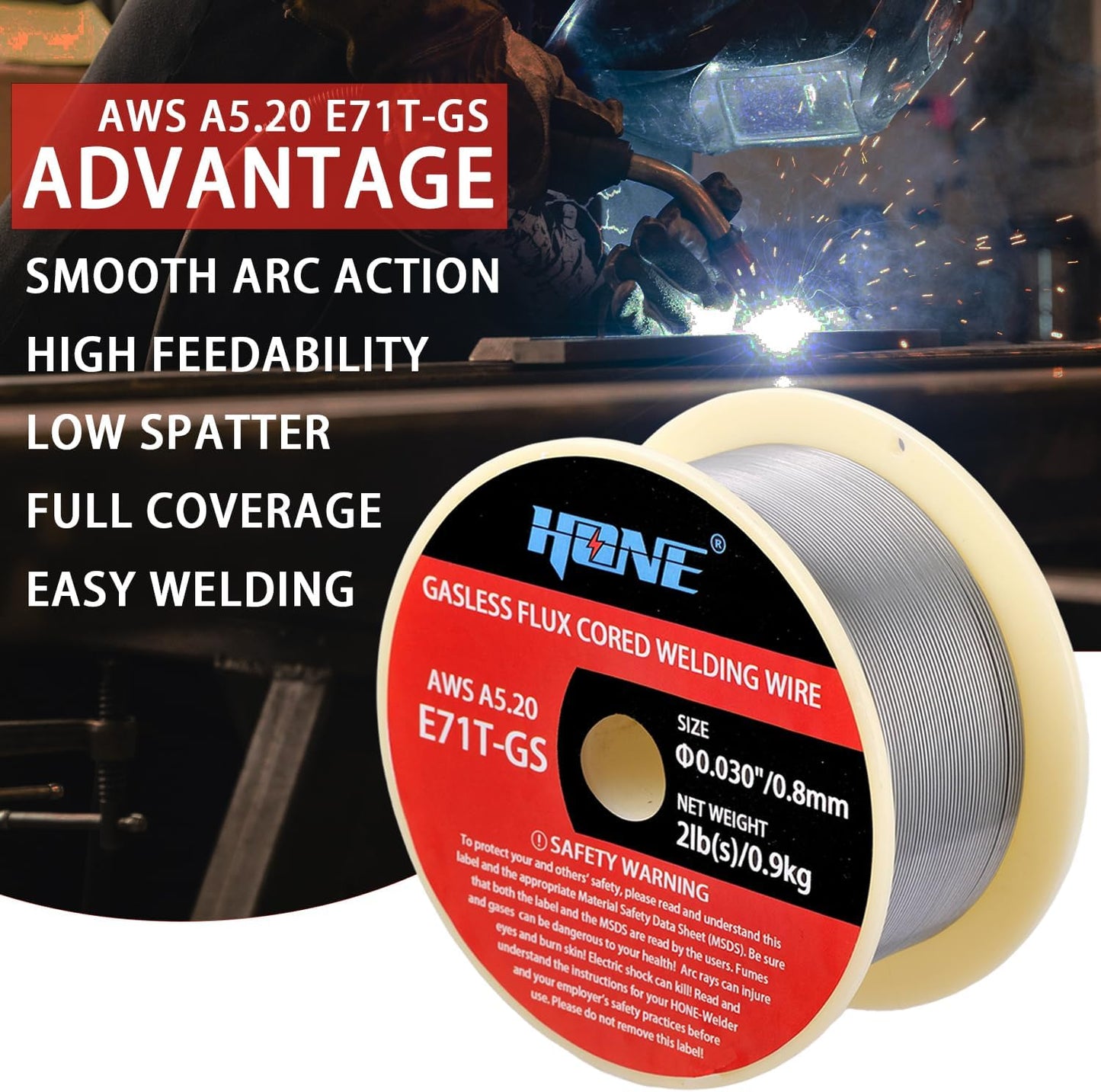 Flux Core MIG Welding Wire, .030"+.035" 2lb E71T-GS Gasless, ABS Plastic Spool,&nbsp; Low Splatter