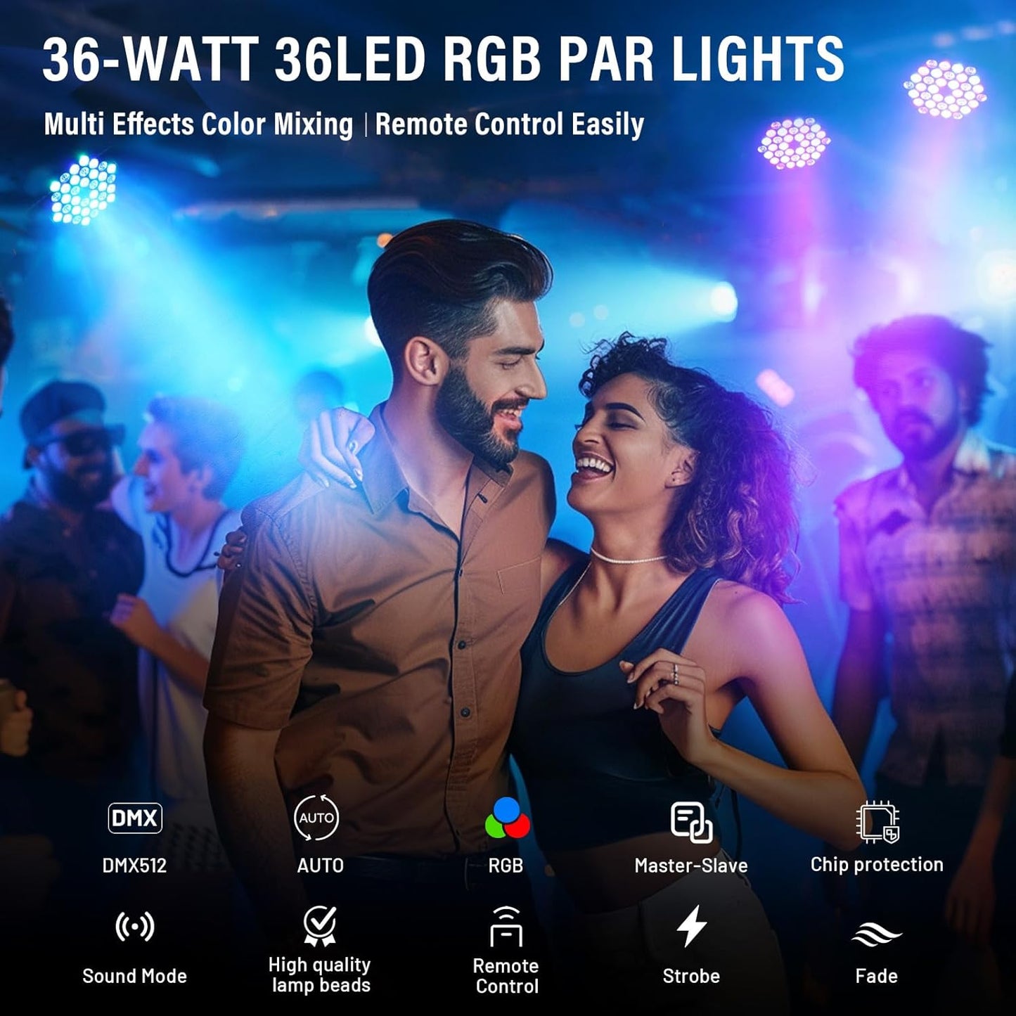 LED Stage Lights 4Pack - 36W RGB DJ Par Lights, Sound Activated Auto Play by Remote &amp; DMX Control