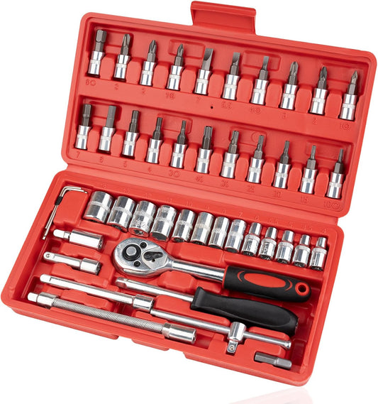 46PCS Small Drive Socket Ratchet Wrench Screwdriver Set, 1/4 Inch Metric Socket, Extension Bar