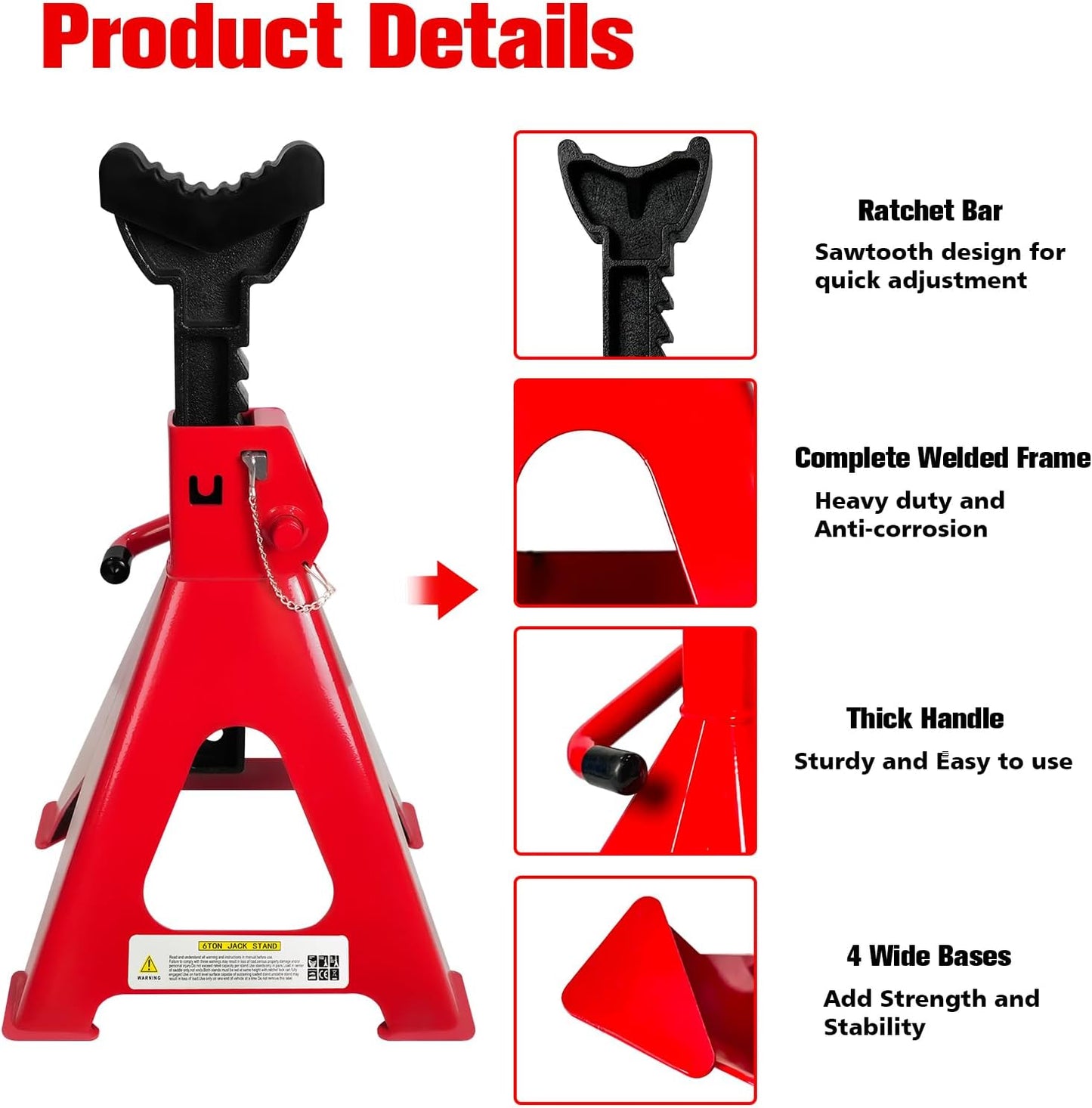 Jack Stands 6Ton(13,200LBs), 15.6"-23.4" Adjustable, Double Pin Locking,Heavy Duty, Rubber Pads