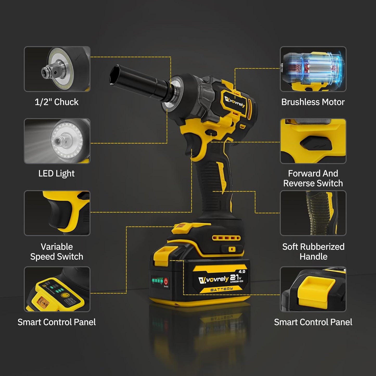 Cordless Impact Wrench 480 Ft-lbs(650N.m) High Torque 1/2 In, 3300RPM Brushless, 2 * 4.0Ah Battery