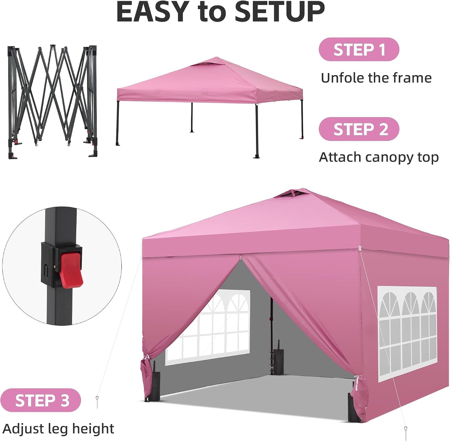 10x10FT Pop-Up Canopy Tent, 4-Side Walls &amp; Vented Top, Portable Outdoor, Pink.