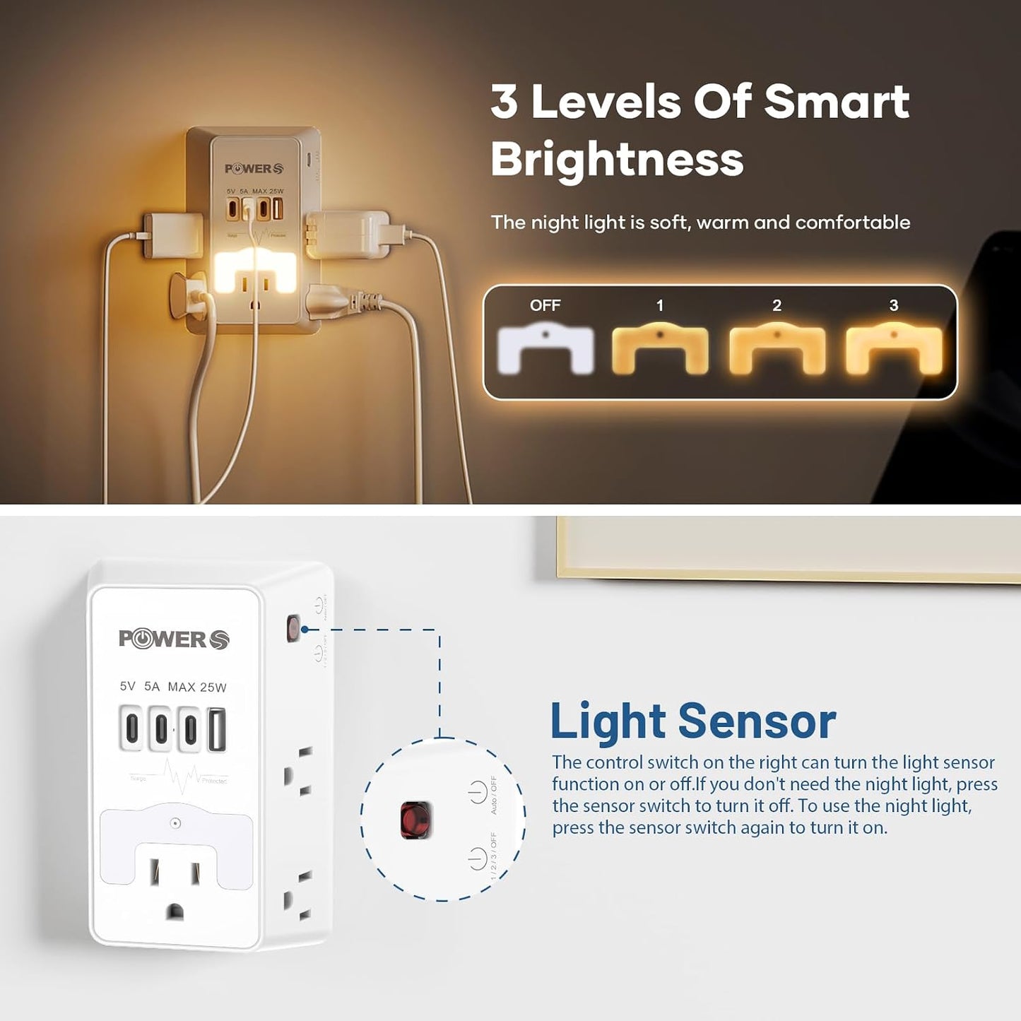Surge Protector, USB Ports (3C1A), Snug Wall Outlet, Night Light, Wall Plug Adapter