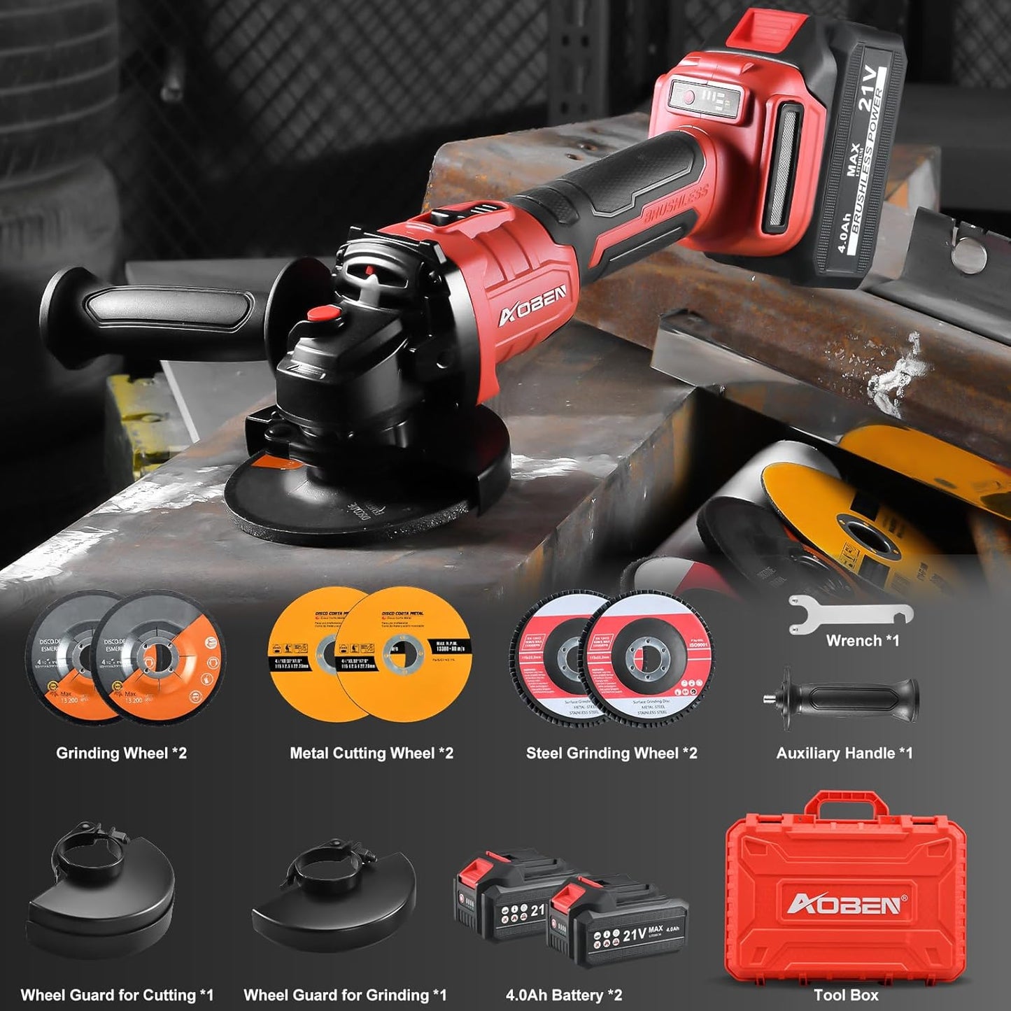 21V Cordless Angle Grinder 4-1/2 In, Brushless Motor, 2x4.0Ah Battery &amp; Charger