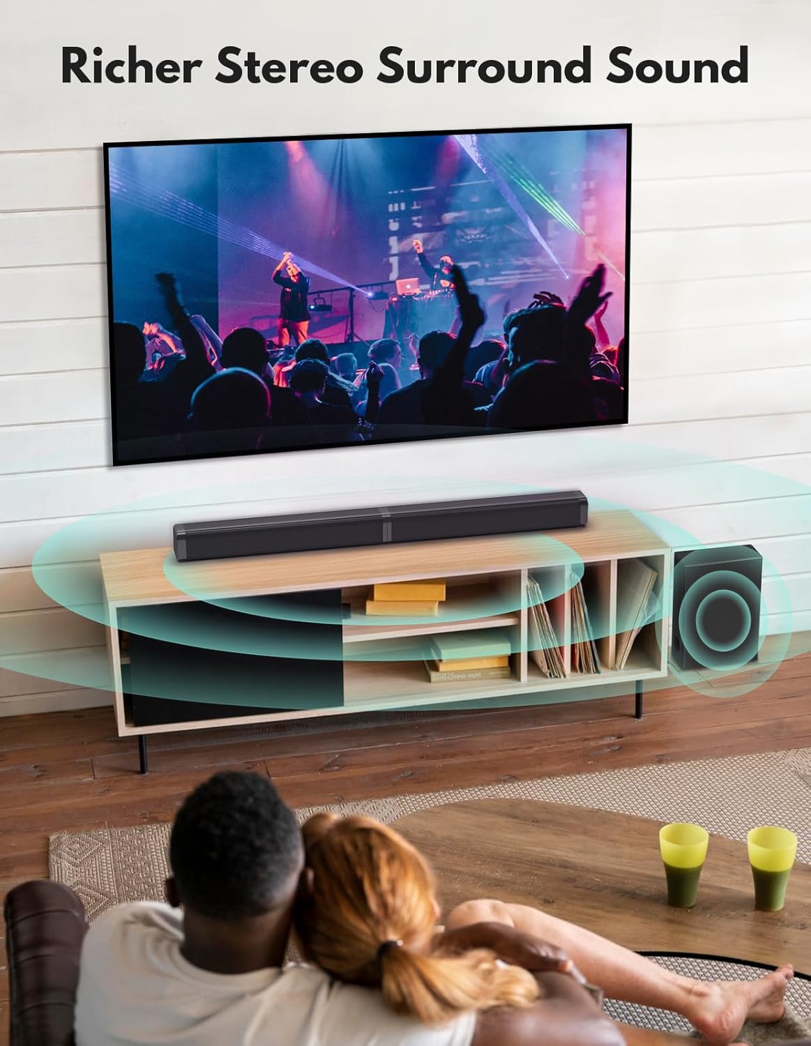 2 in 1 Separable Sound Bar &amp; Subwoofer, BT 5.0, ARC/Optical/Aux/USB,Treble/Bass Adjust, 10 EQ Modes