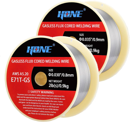 Flux Core MIG Welding Wire, .030"+.035" 2lb E71T-GS Gasless, ABS Plastic Spool, Low Splatter