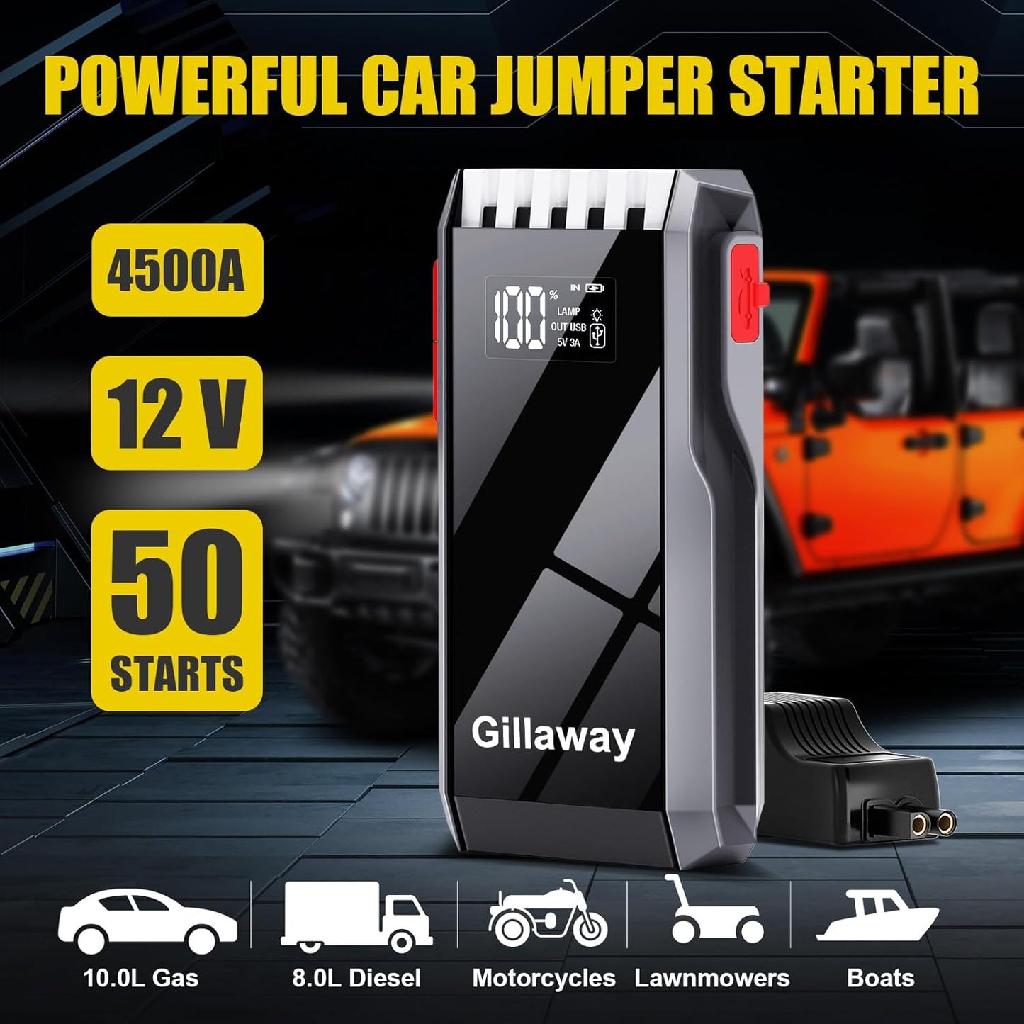 12V Car Jump Starter, 4500A Peak for Up to 10.0L Gas/8.0L Diesel Engine, Portable, Full LCD Screen