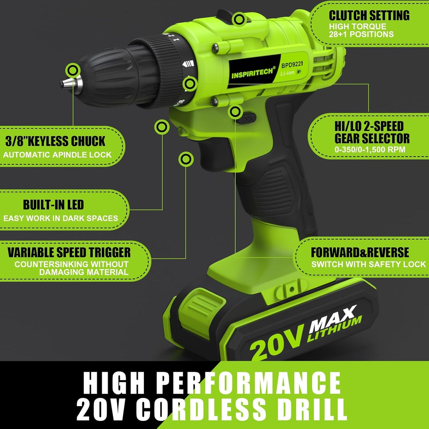 20V Cordless Drill, 2 Batteries, Charger, 3/8In Chuck, Variable Speed, 25+1 Torque Setting
