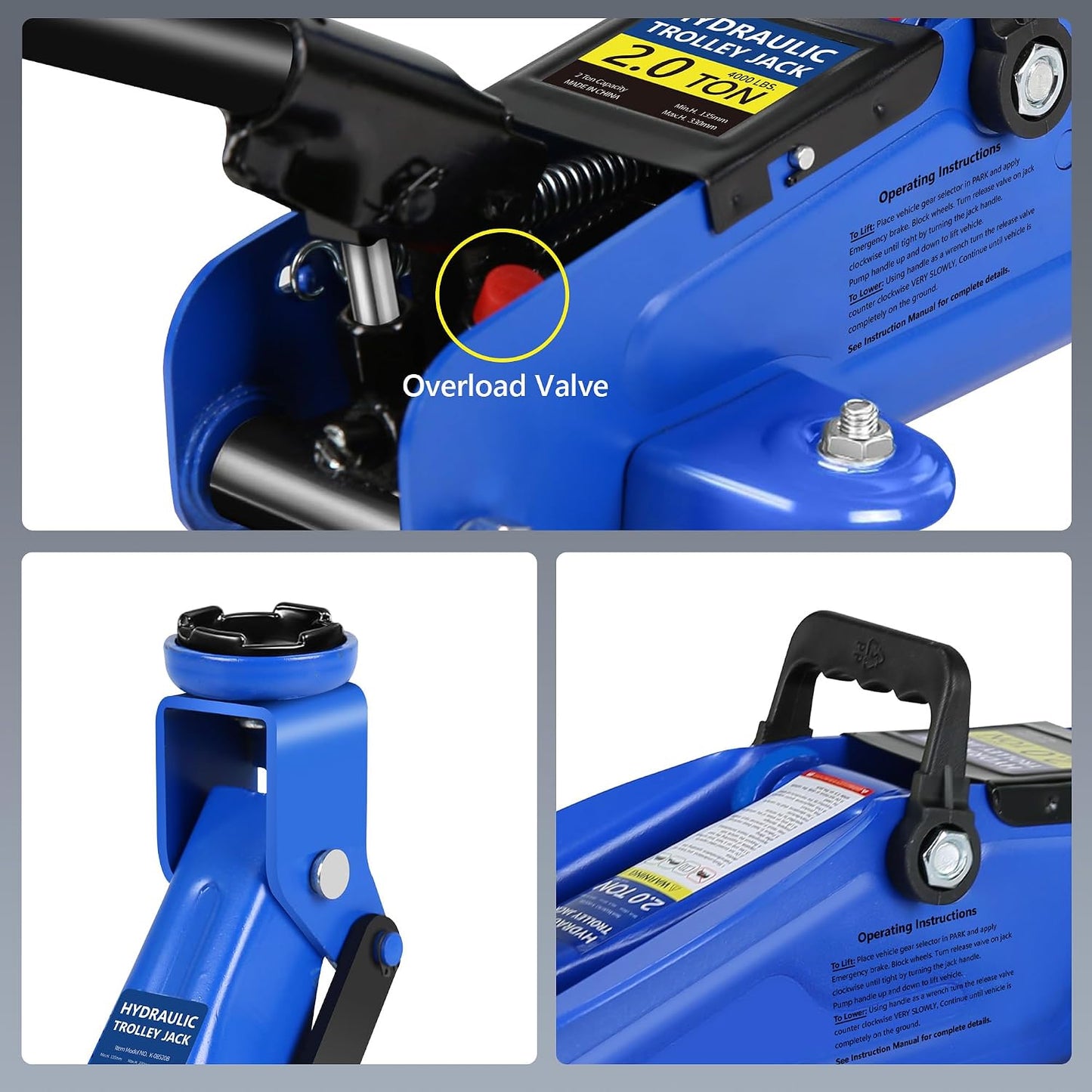 2 Ton Low Profile Floor Jack, Tire Kit, Gloves &amp; Bag, Steel jack, 5.3"-13" lift Overload valve