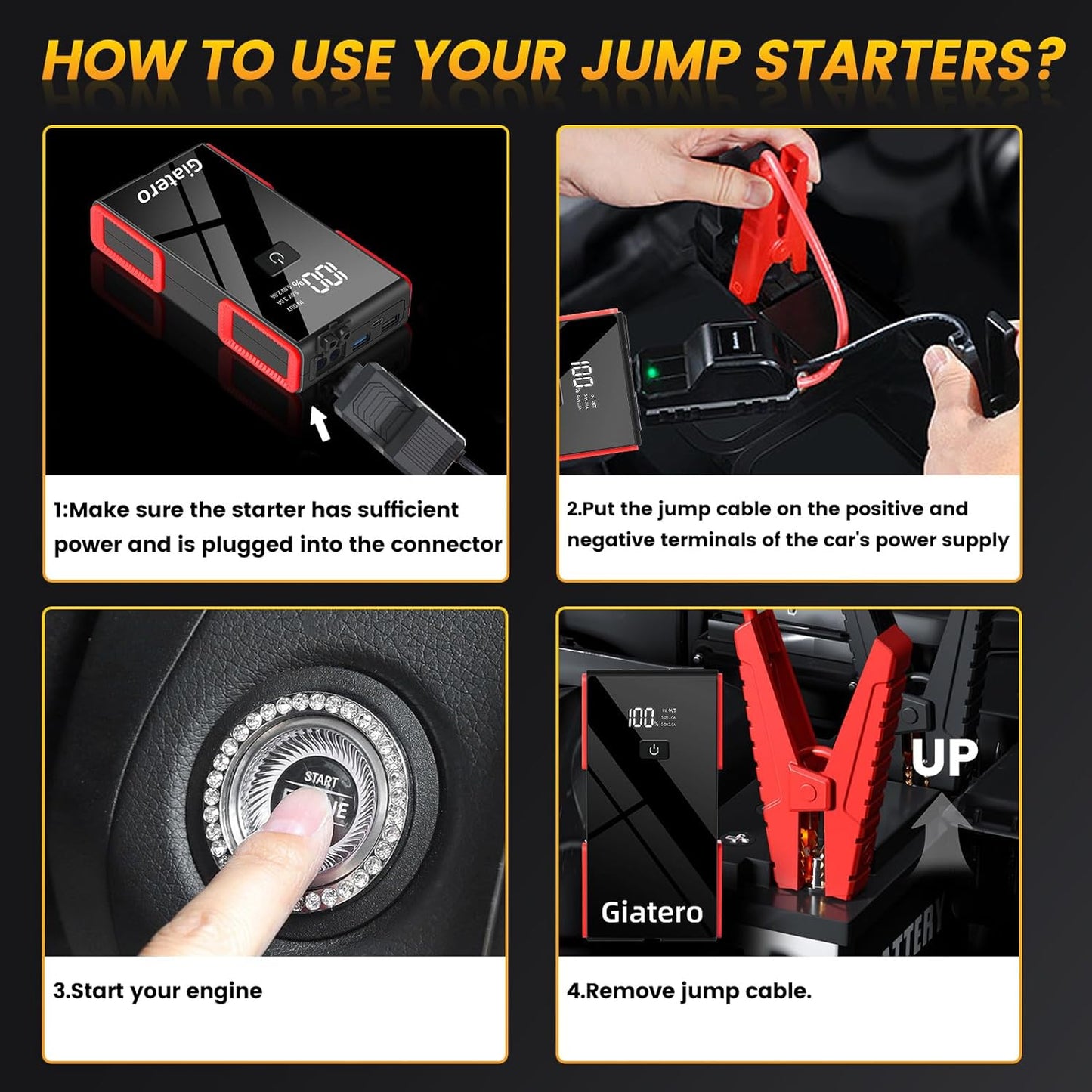 4000A Car Jump Starter, Portable Battery Pack(10.0L Gas/8.0L Diesel), 12V, 3 Modes Flashlight