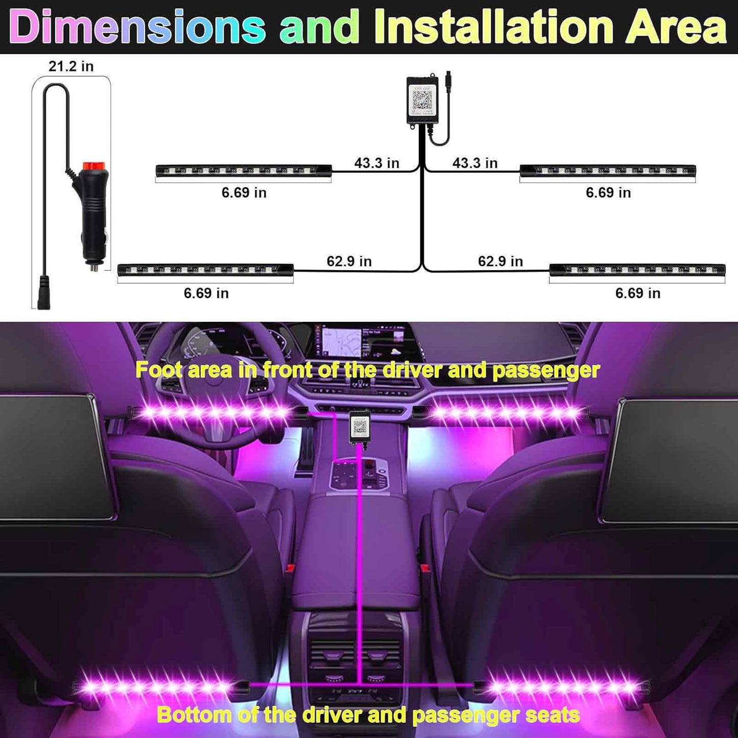 12V LED Car Interior Strip Lights, Cigarette Lighter Adapter