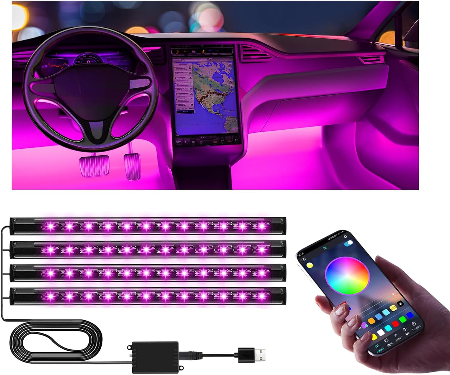 Led Lights Car Accessories Interior, APP Control, USB Port Color Change Lights