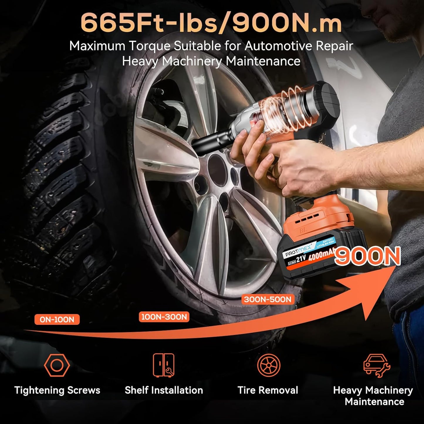 21V Cordless Impact Wrench Drill, 665Ft-Ibs (900N.m) 1/2" 2x 4.0Ah Battery, Variable Speeds