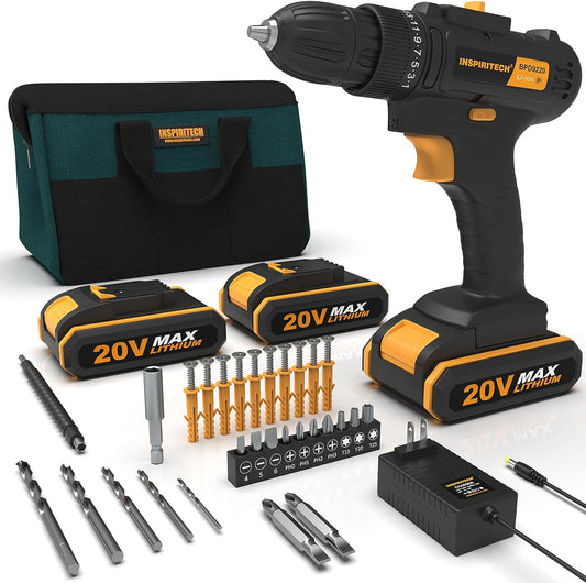20V Cordless Drill, 2 Batteries, Charger, 3/8In Chuck, Variable Speed, 25+1 Torque Setting