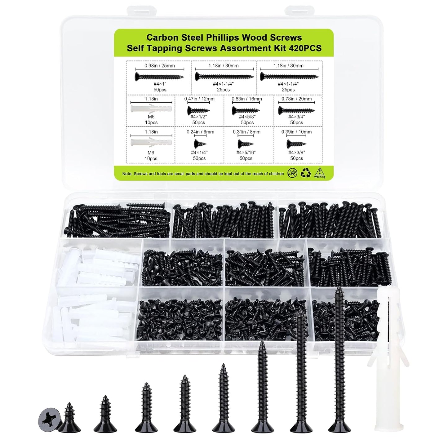 #4 Flat Head Small Wood Screws kit 420Pcs,Phillips Short Screw, Carbon Steel, 20pcs M6 ScrewAnchors