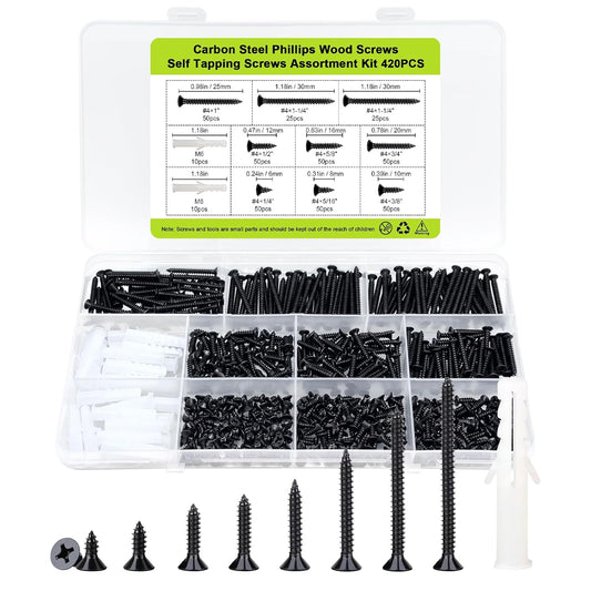 #4 Flat Head Small Wood Screws kit 420Pcs,Phillips Short Screw, Carbon Steel, 20pcs M6 ScrewAnchors