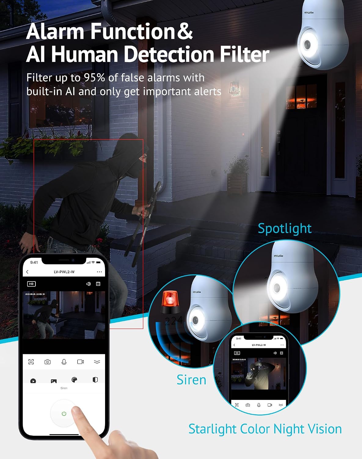 4MP 2K Bulb Wireless Security Camera 2.4GHz,360° Full Color Day &amp; Night, Motion Detection