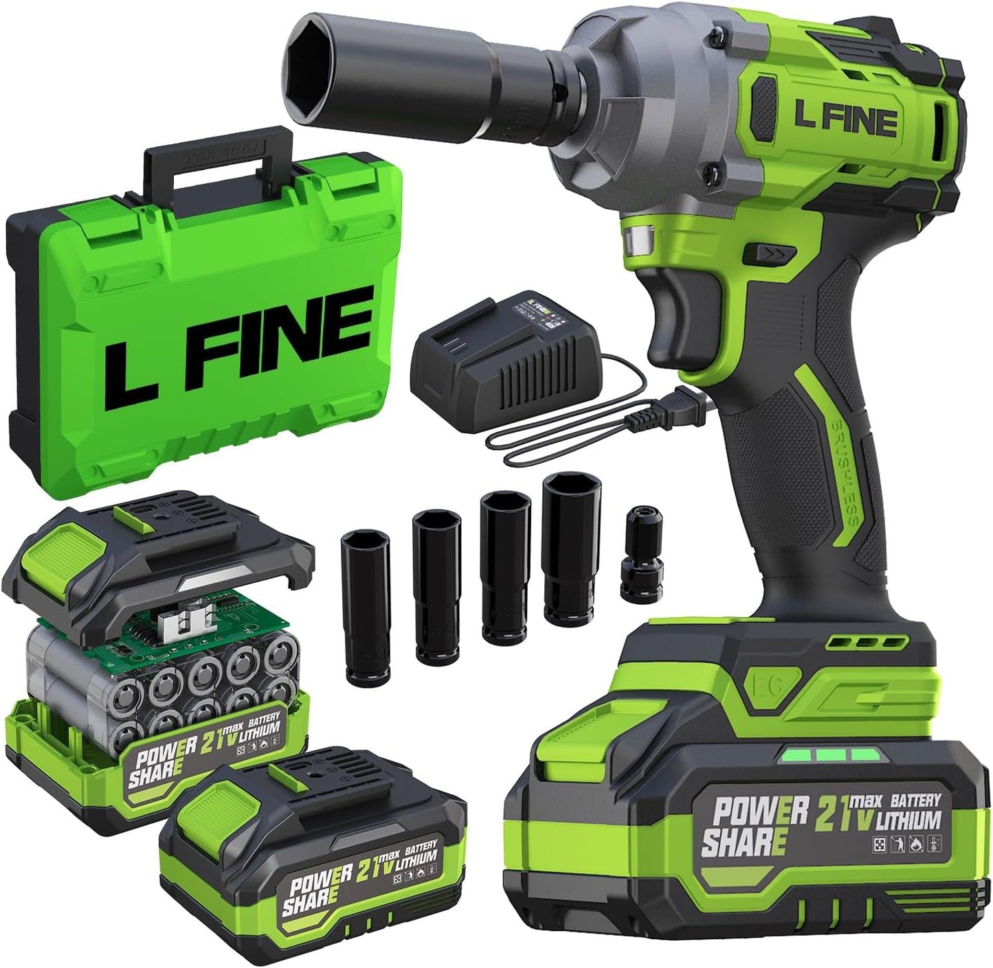 600N.m (405Ft-lbs) 1/2 In Cordless Impact Wrench, 3200RPM Brushless Motor, 2x4.0AhBattery, 5Sockets