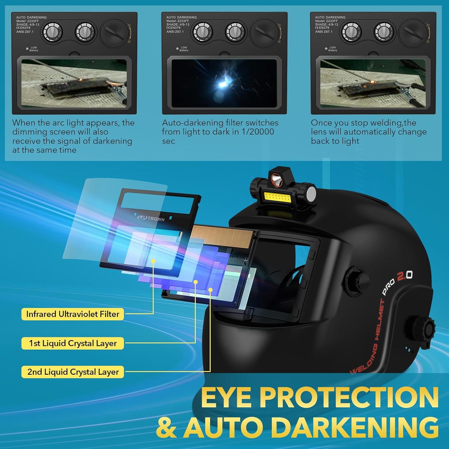 Light True Color Auto Darkening Solar Powered Welding Hood Helmet, 2 Arc Sensor Wide Shade 4/9-13