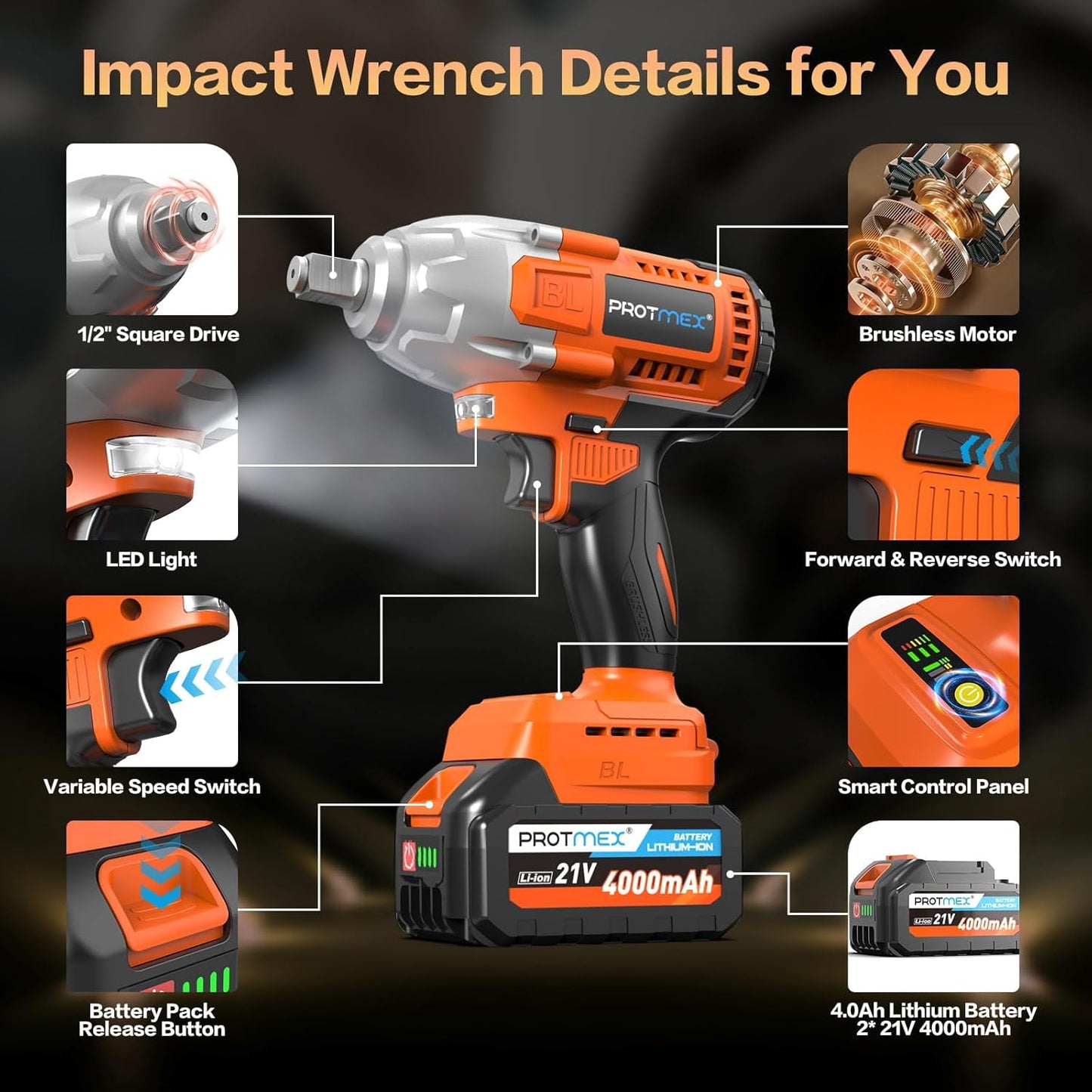 21V Cordless Impact Wrench Drill, 665Ft-Ibs (900N.m) 1/2" 2x 4.0Ah Battery, Variable Speeds