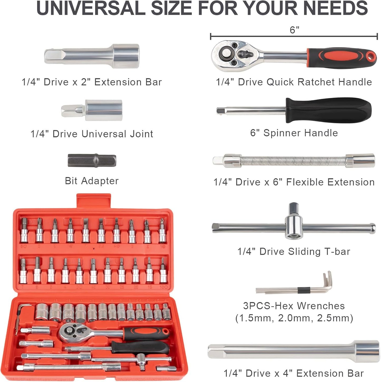 46PCS Small Drive Socket Ratchet Wrench Screwdriver Set, 1/4 Inch Metric Socket, Extension Bar