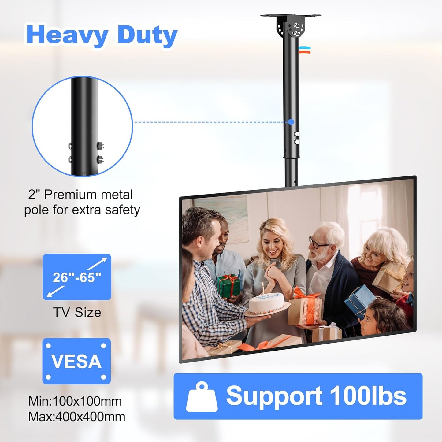 Ceiling TV Mount for Most 26 to 65 In Flat Curved TV, Swivel Tilt Height Adjustable, VESA 400x400mm