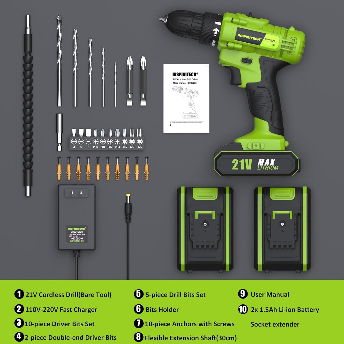 20V Cordless Drill, 2 Batteries, Charger, 3/8In Chuck, Variable Speed, 25+1 Torque Setting