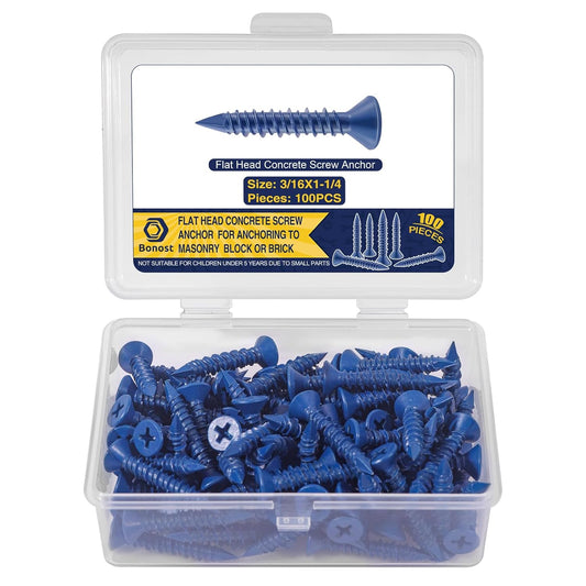 100Pcs 3/16 x 1-1/4" Concrete Screw Anchor - Flat Phillips Head Brick Screws