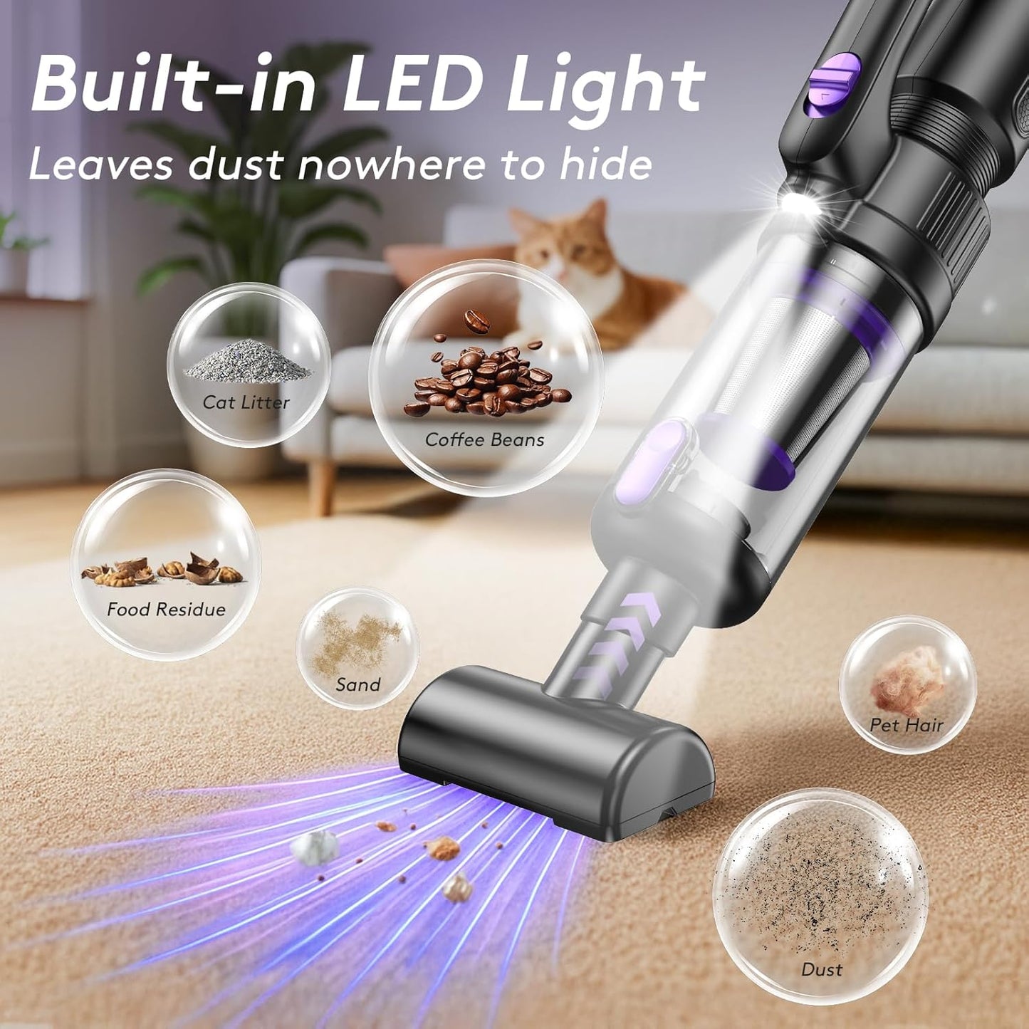 Vacuum Cordless, 20000Pa, 130W Brushless Motor LED Light, 7800mAh Battery, Multi-Nozzles